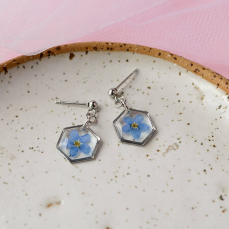 Wiszące kolczyki & niezapominajki w heksagonie