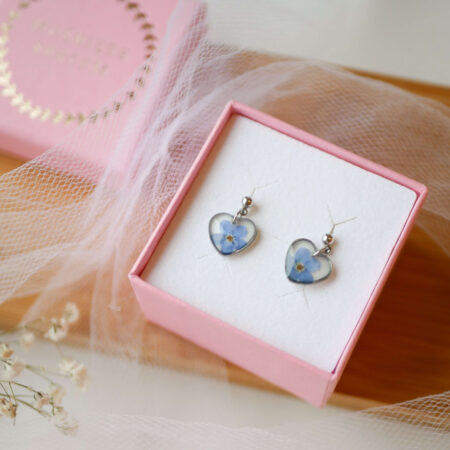 Wiszące kolczyki & serduszka z niezapominajką srebro